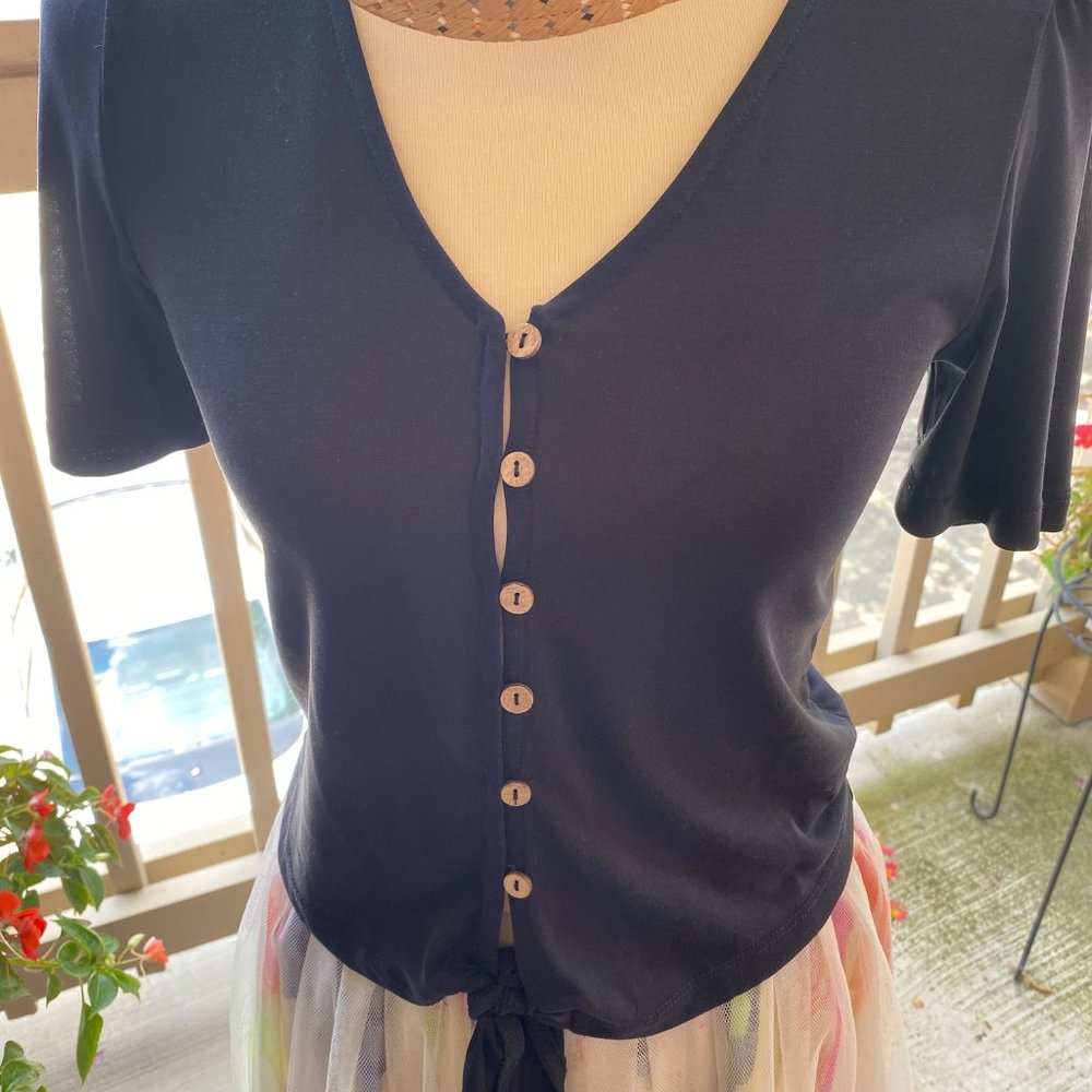 "Blue Rain" BLACK Wide Short Sleeve Tie Front Top